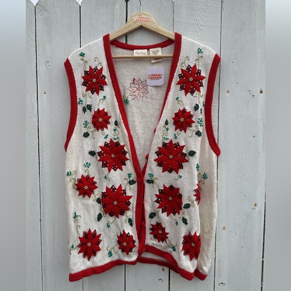 Jackets & Blazers - Floral Vintage Christmas Knit Vest with Red Accents